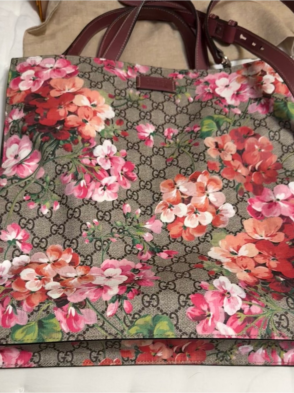 Gucci Pink Multi Floral GG Canvas Tote with Burgundy Handles